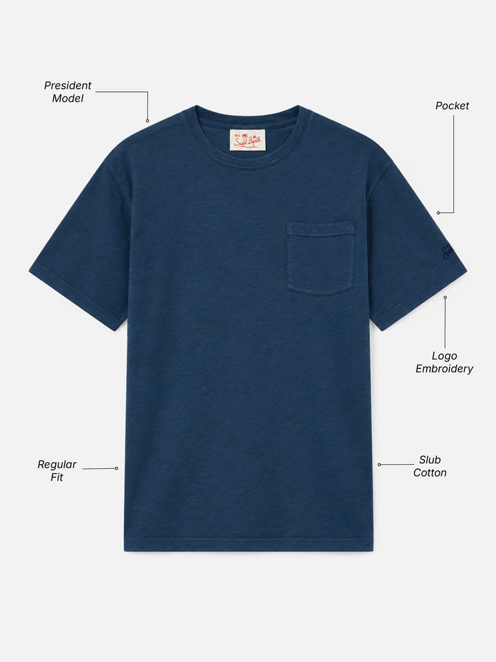 President T-Shirt aus flammierter Baumwolle in uni Marineblau 