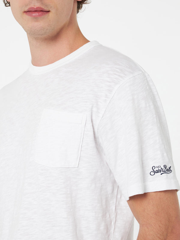 Weißes Herren-T-Shirt aus geflammter Baumwolle „President“ mit Stickerei
