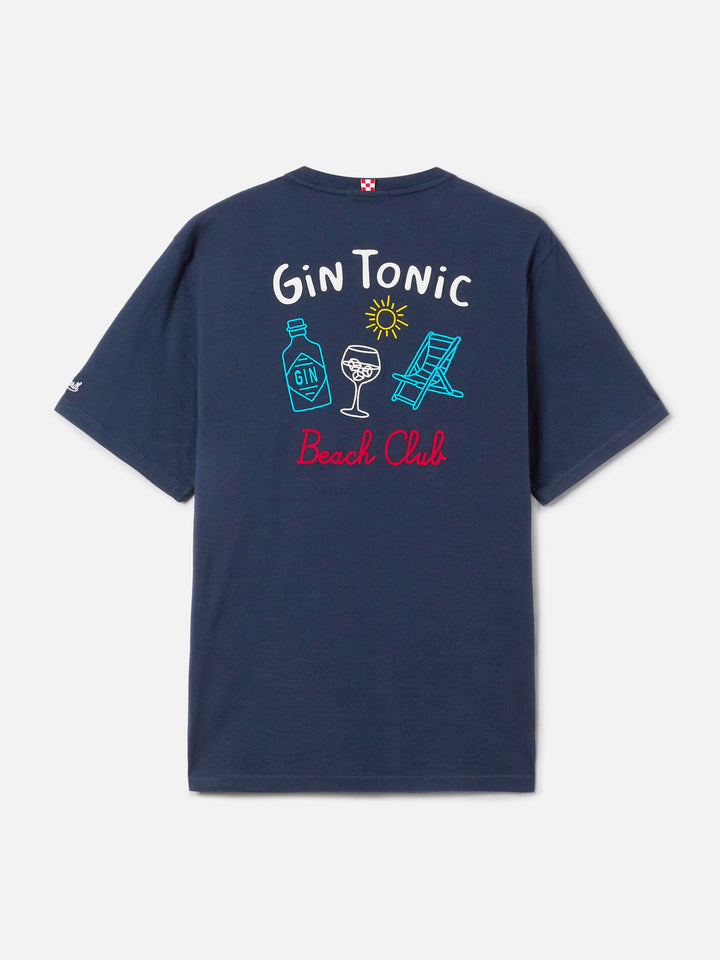 T-shirt Portland blu con ricamo Gin Tonic Beach Club fronte e retro