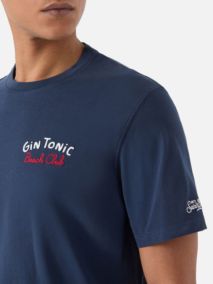 T-shirt Portland blu con ricamo Gin Tonic Beach Club fronte e retro