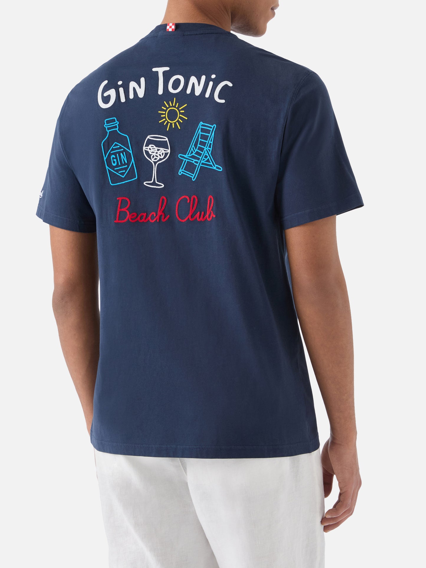 Blue Portland t-shirt with Gin Tonic Beach Club front/back embroidery