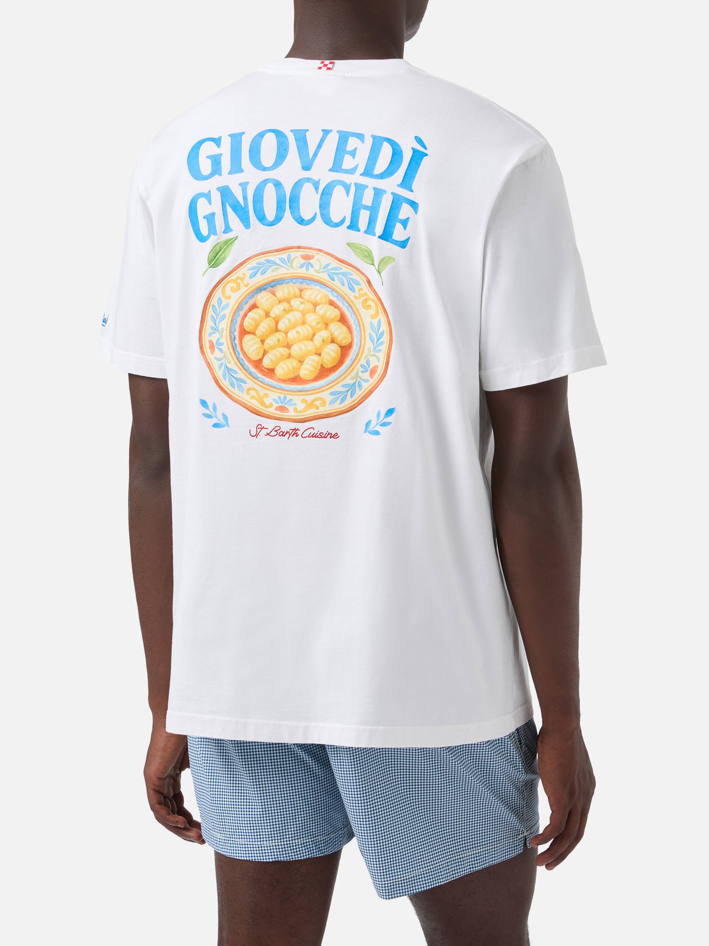 T-shirt Portland bianca con illustrazione Giovedì Gnocche