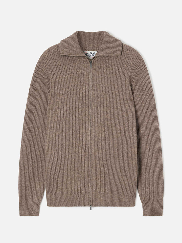 Beige Preston wool knit cardigan with full zip