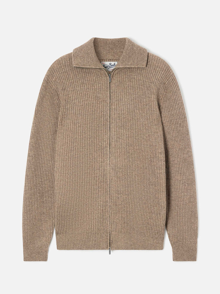 Beige Preston wool knit cardigan with full zip