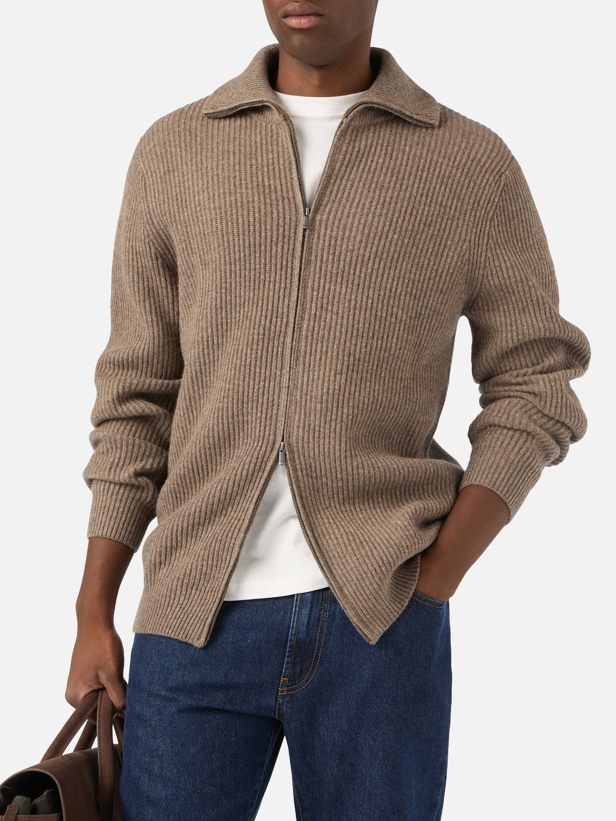 Cardigan en maille de laine Preston beige avec fermeture zippée intégrale 