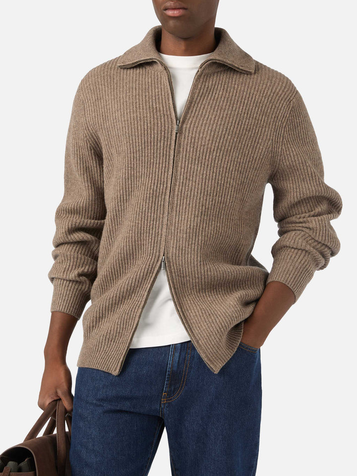 Beige Preston wool knit cardigan with full zip