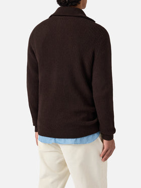 Cardigan full zip Preston in pura lana marrone scuro