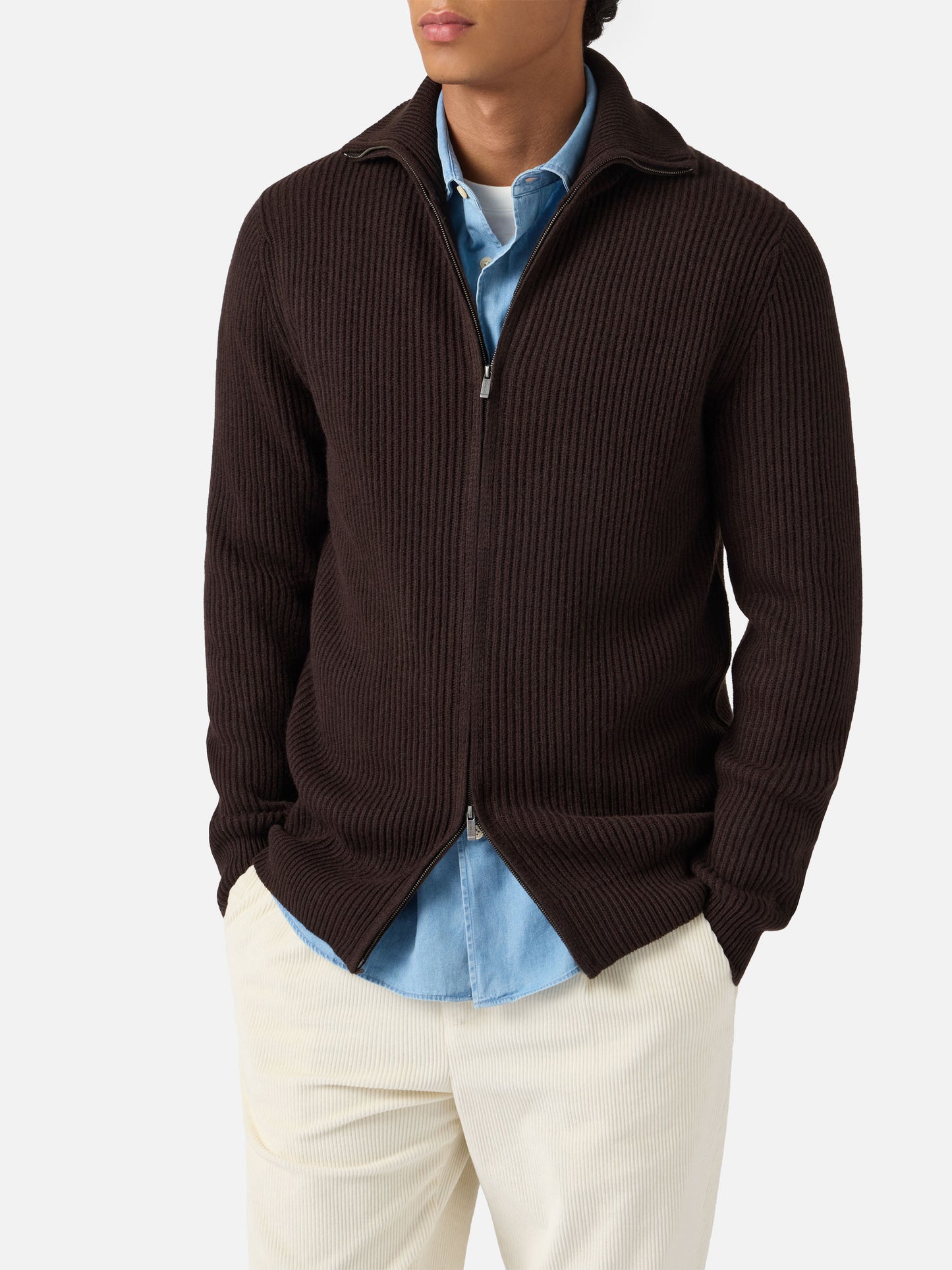 Cardigan full zip Preston in pura lana marrone scuro