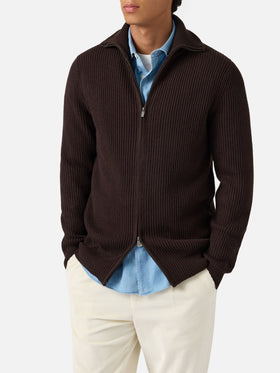 Cardigan full zip Preston in pura lana marrone scuro