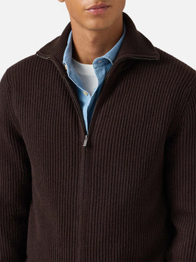 Cardigan full zip Preston in pura lana marrone scuro
