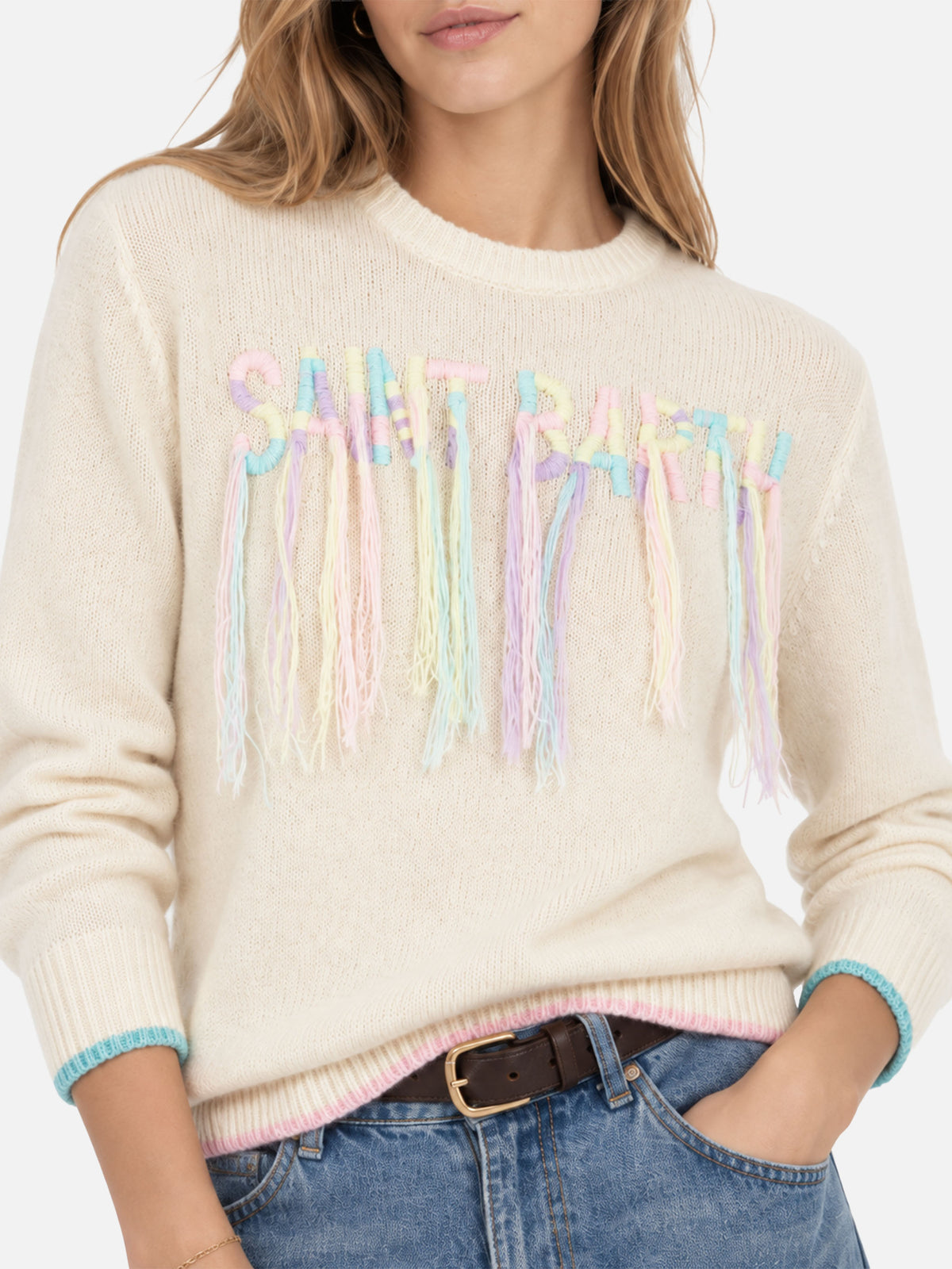 Sweat-shirt ras-du-cou brossé avec broderie Saint Barth à franges 