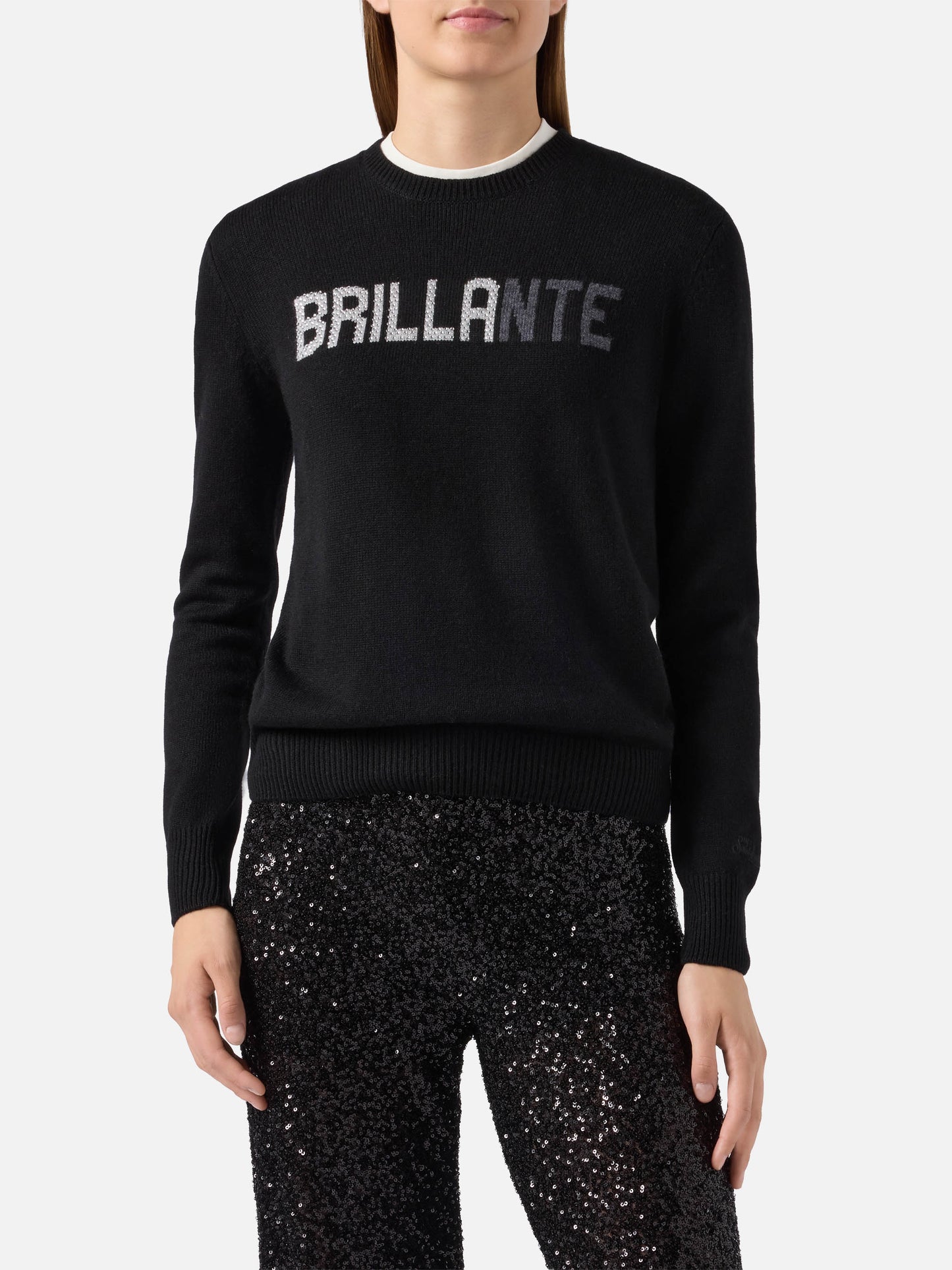 Neuer Queen-Pullover aus Kaschmirmischung in Schwarz mit Brillante-Strassapplikationen