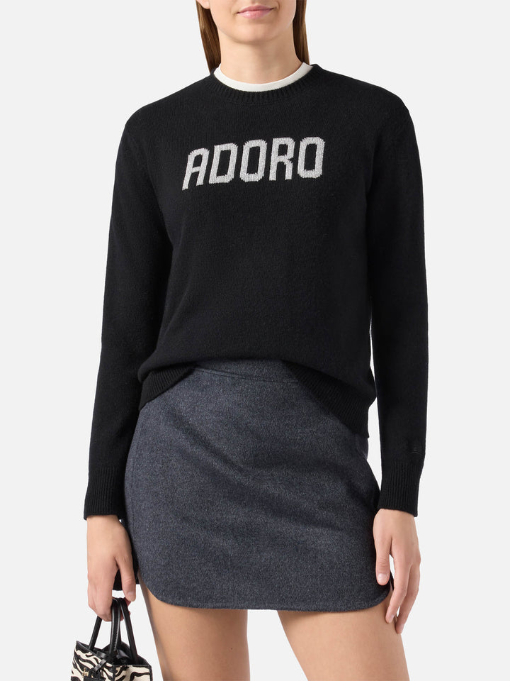 New Queen cashmere-blend sweater in black with Adoro jacquard