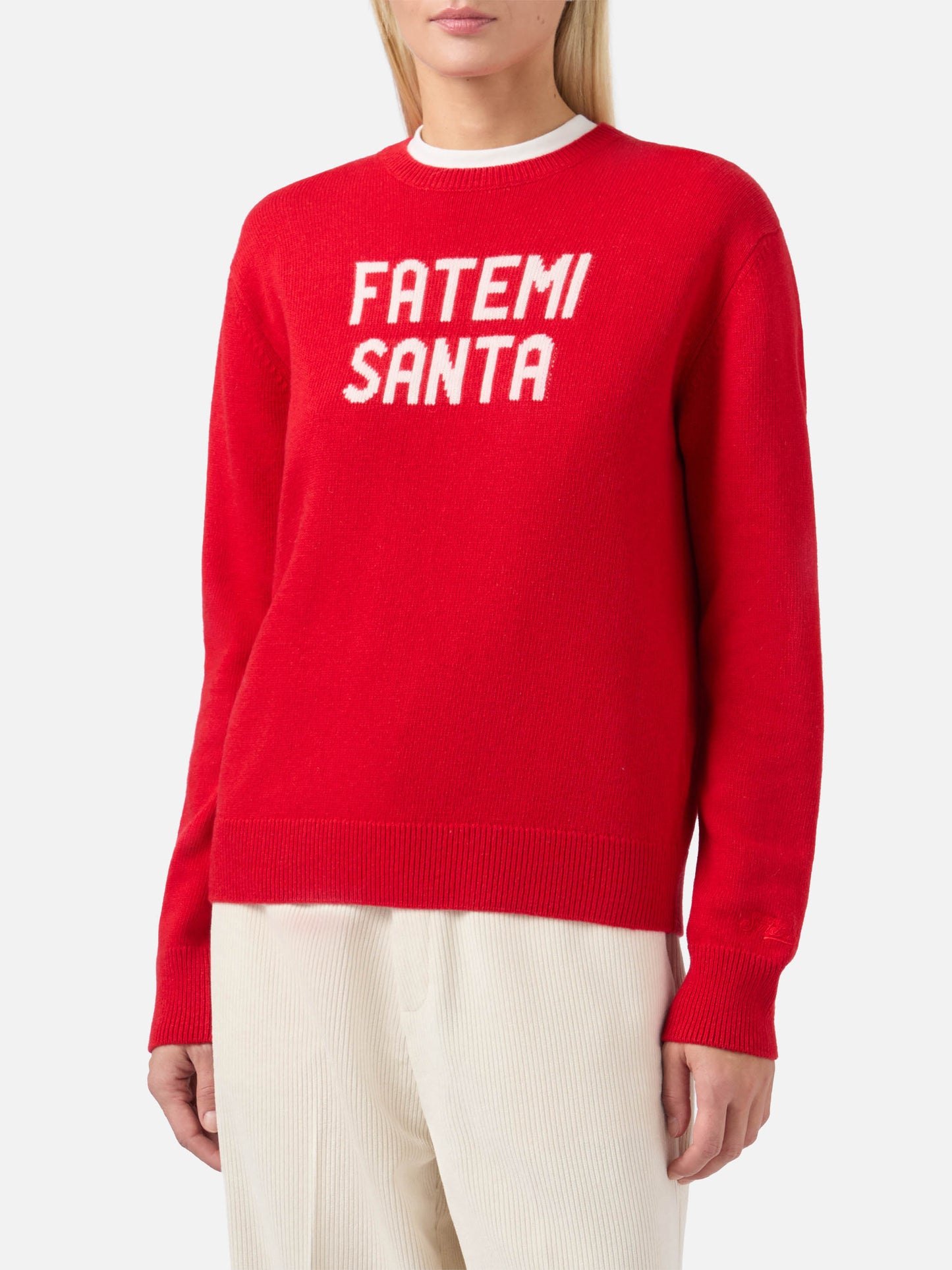 Maglione New Queen in misto cashmere rosso con jacquard Fatemi Santa