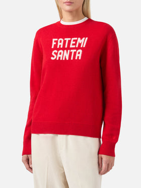 Maglione New Queen in misto cashmere rosso con jacquard Fatemi Santa