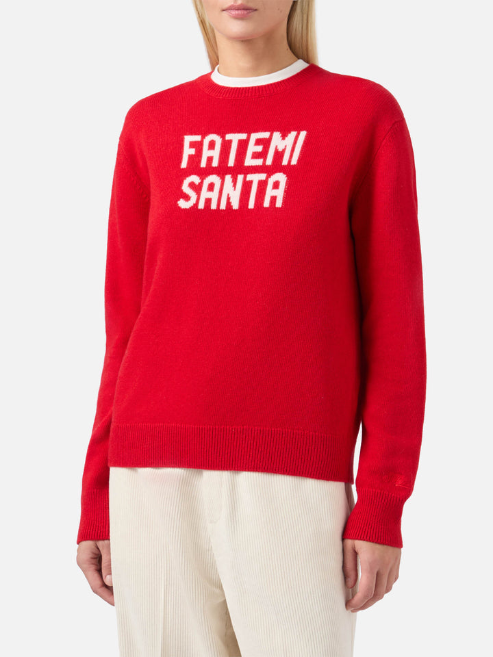 Maglione New Queen in misto cashmere rosso con jacquard Fatemi Santa
