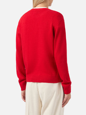 Maglione New Queen in misto cashmere rosso con jacquard Fatemi Santa