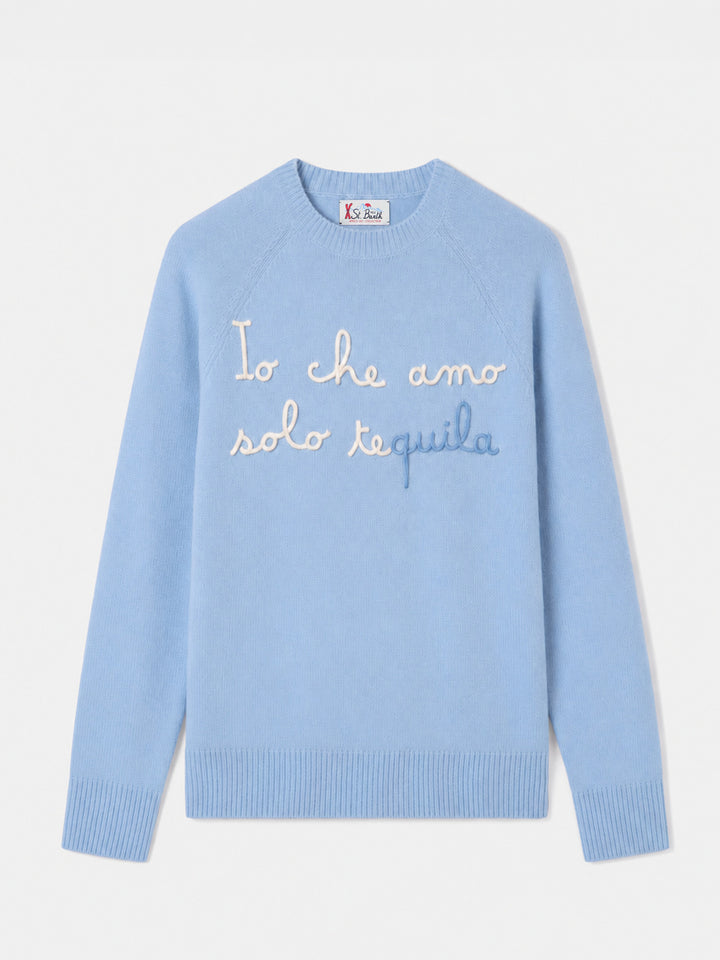 Girocollo azzurro New Queen con ricamo Amo solo Tequila
