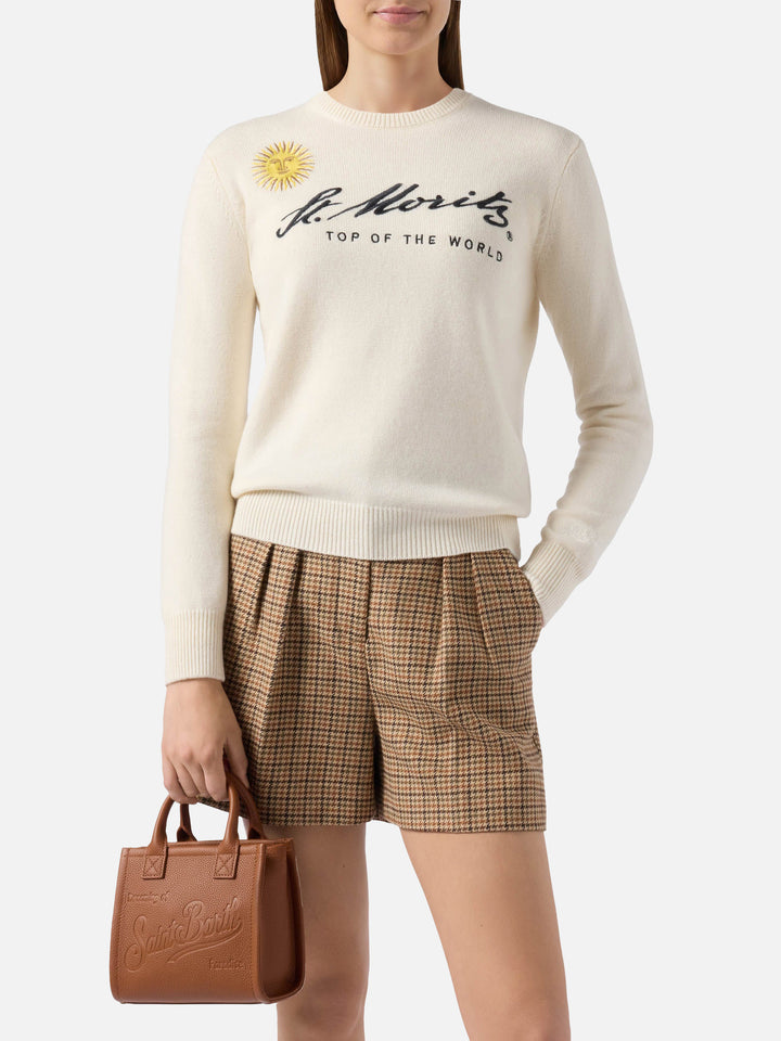 New Queen cashmere-blend sweater in white with St. Moritz embroidery | ST. MORITZ TOP OF THE WORLD SPECIAL EDITION