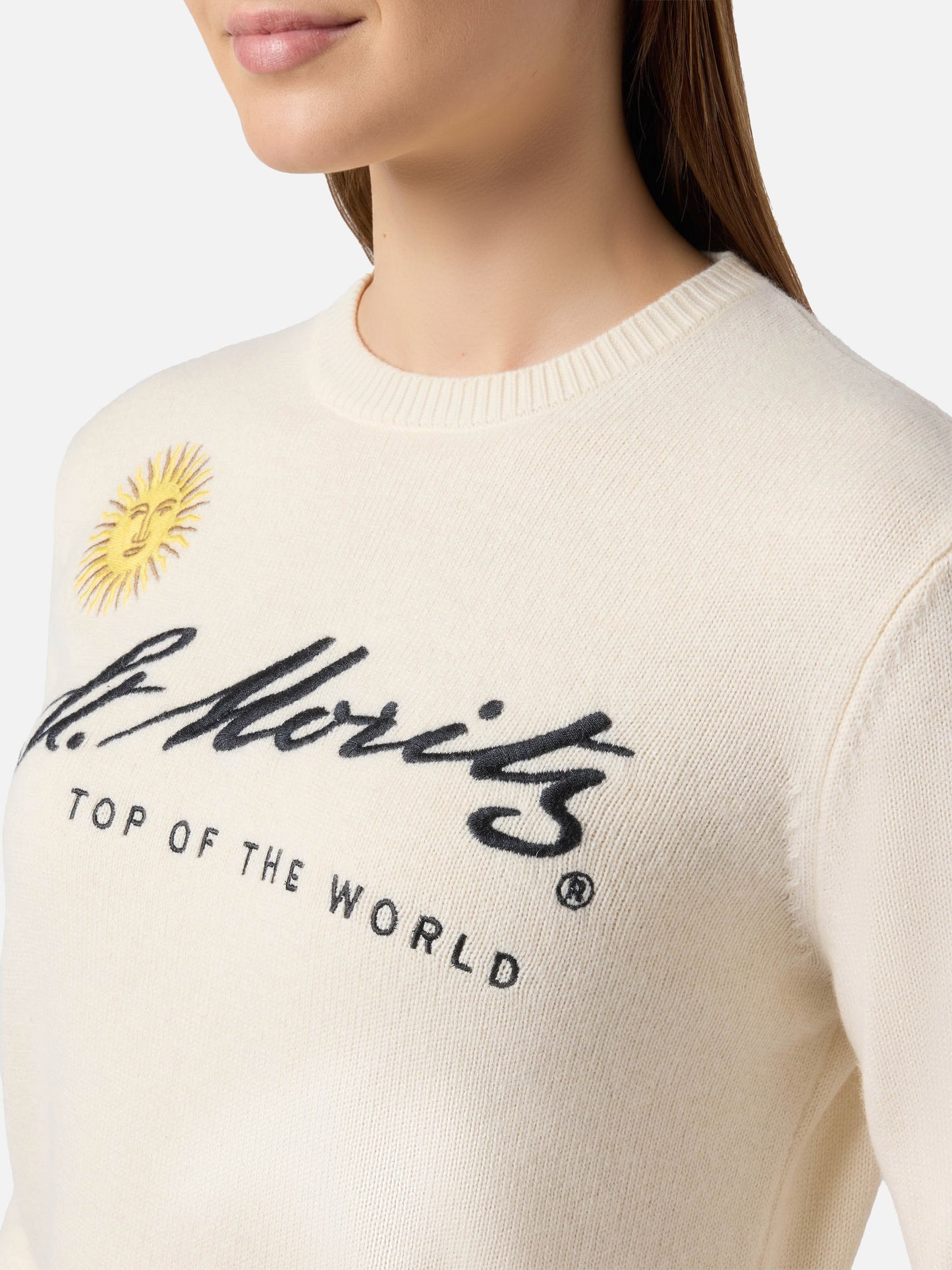 Maglione New Queen in misto cashmere bianco con ricamo St. Moritz | ST. MORITZ TOP OF THE WORLD SPECIAL EDITION