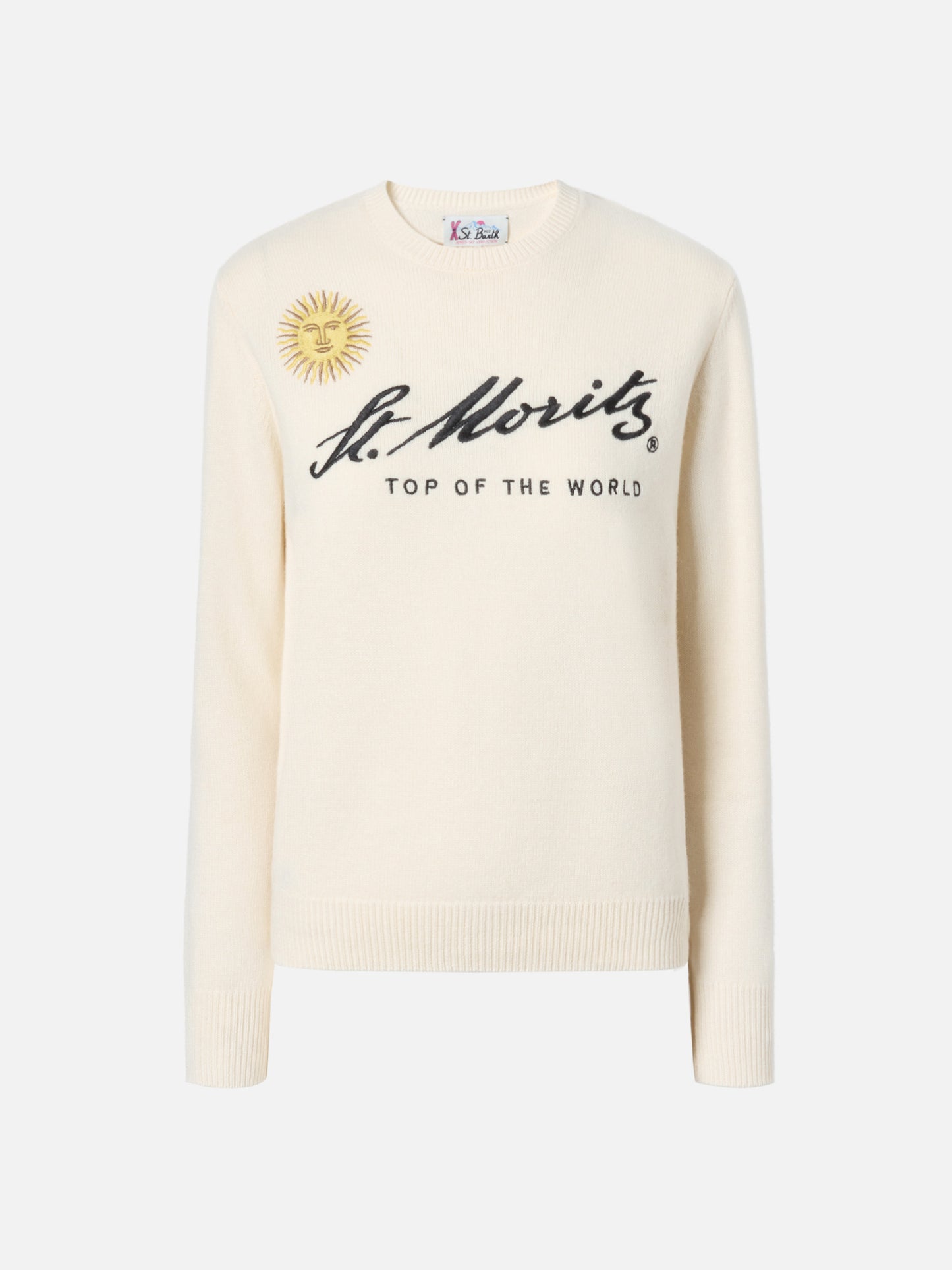 Maglione New Queen in misto cashmere bianco con ricamo St. Moritz | ST. MORITZ TOP OF THE WORLD SPECIAL EDITION