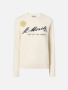 Maglione New Queen in misto cashmere bianco con ricamo St. Moritz | ST. MORITZ TOP OF THE WORLD SPECIAL EDITION
