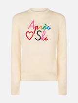 Woman white sweater New Queen with Apres love ski embroidery