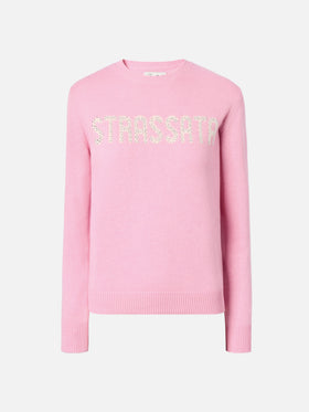 New Queen cashmere-blend sweater in pink with Strassata rhinestone appliqué