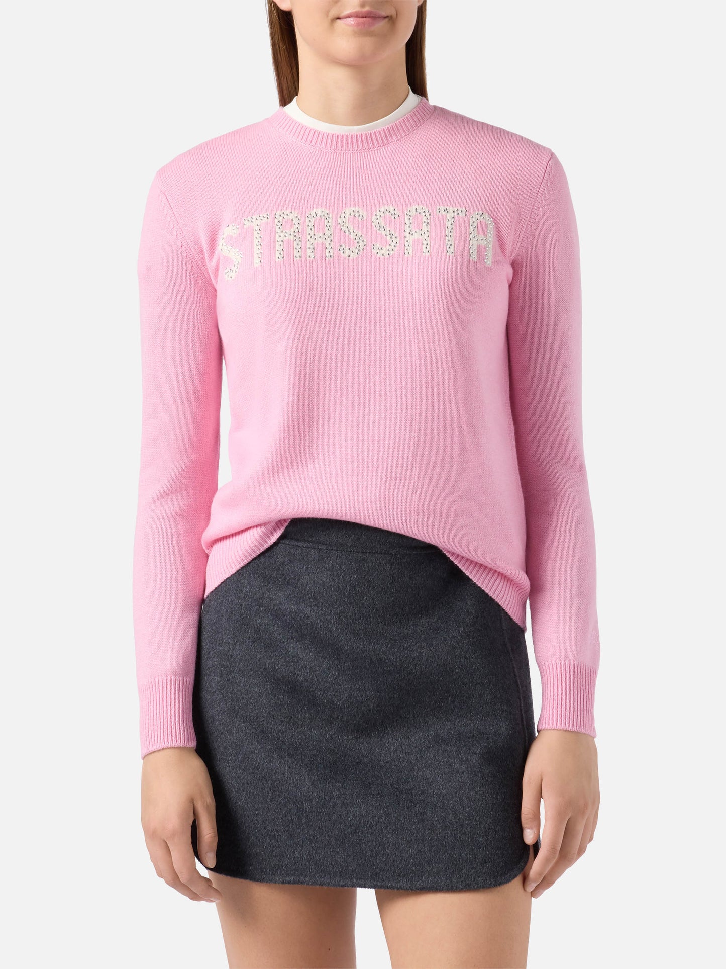 New Queen cashmere-blend sweater in pink with Strassata rhinestone appliqué