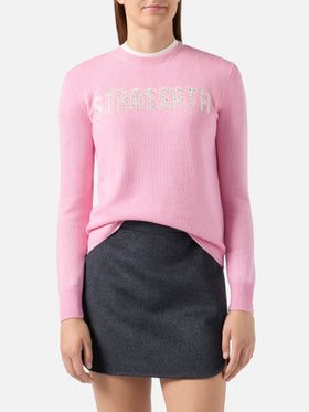 New Queen cashmere-blend sweater in pink with Strassata rhinestone appliqué