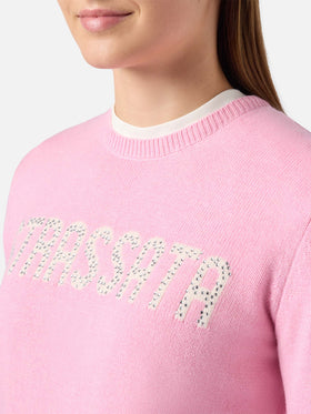 New Queen cashmere-blend sweater in pink with Strassata rhinestone appliqué
