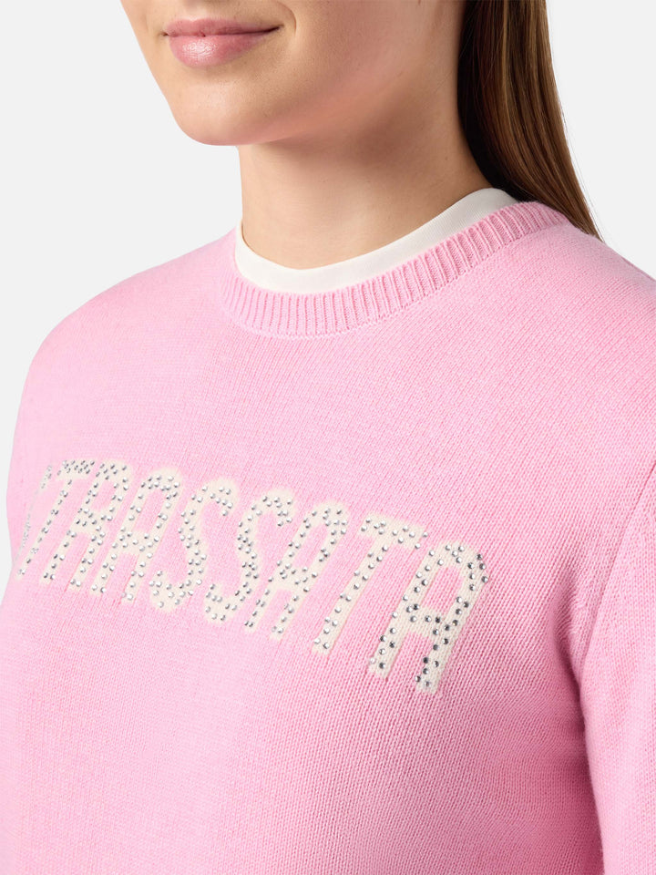 New Queen cashmere-blend sweater in pink with Strassata rhinestone appliqué