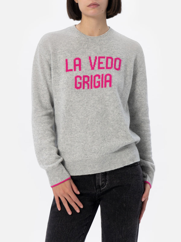 Woman grey sweater New Queen with La vedo grigia print