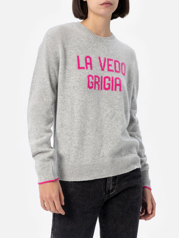 Woman grey sweater New Queen with La vedo grigia print