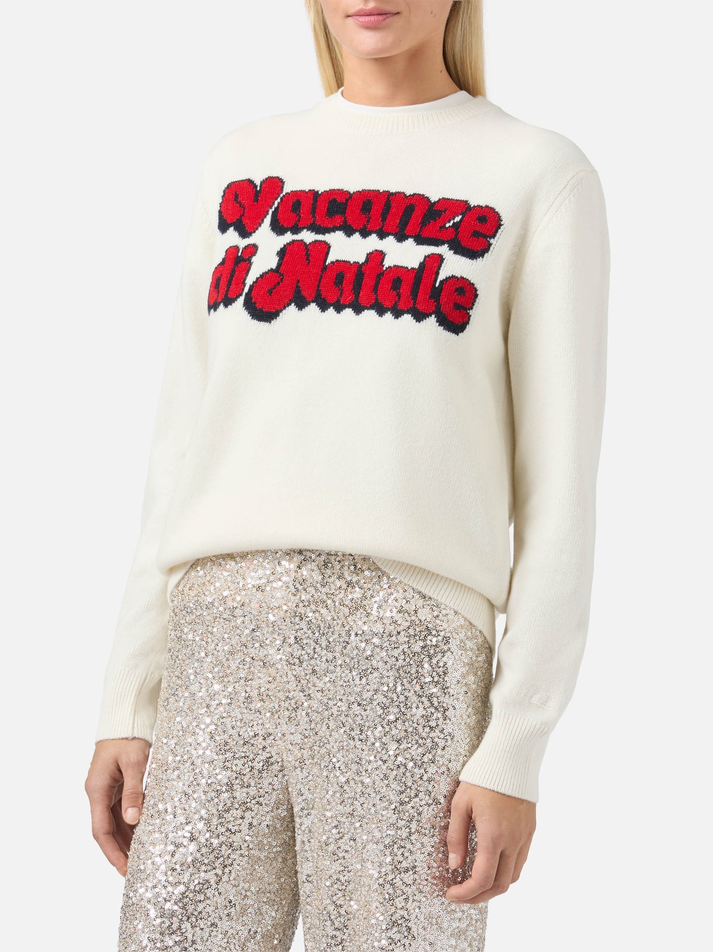 New Queen cashmere-blend crewneck in white with Vacanze di Natale jacquard | VACANZE DI NATALE SPECIAL EDITION