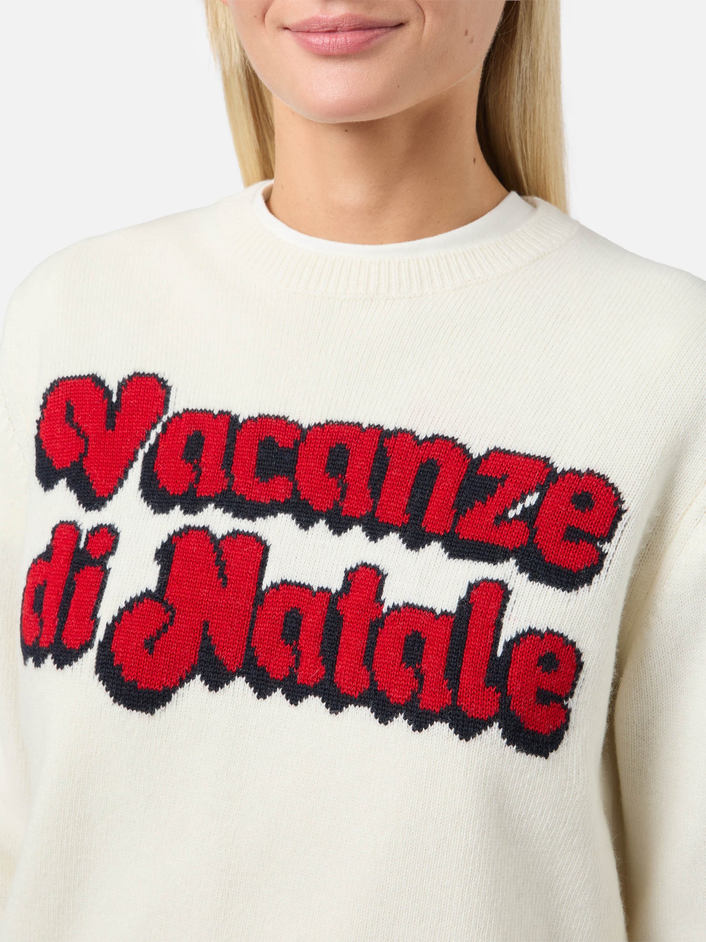 New Queen cashmere-blend crewneck in white with Vacanze di Natale jacquard | VACANZE DI NATALE SPECIAL EDITION