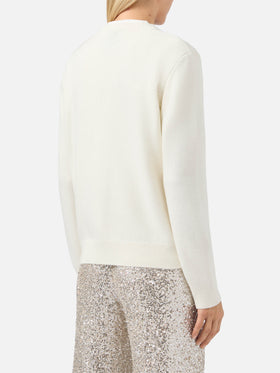 New Queen cashmere-blend crewneck in white with Vacanze di Natale jacquard | VACANZE DI NATALE SPECIAL EDITION