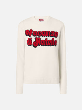 New Queen cashmere-blend crewneck in white with Vacanze di Natale jacquard | VACANZE DI NATALE SPECIAL EDITION
