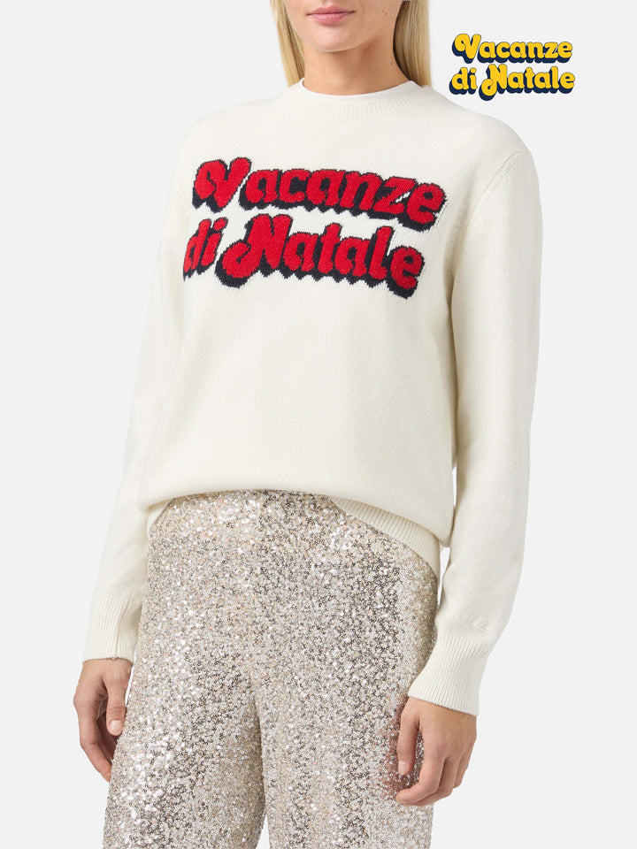 Girocollo New Queen in misto cashmere bianco con jacquard Vacanze di Natale | VACANZE DI NATALE SPECIAL EDITION