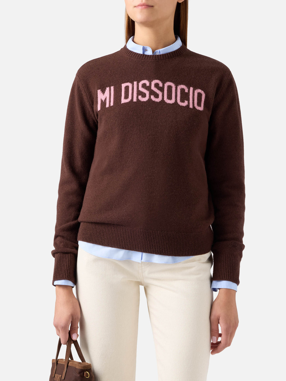 Jersey de punto marrón de cuello redondo Queen con bordado Mi Dissocio 