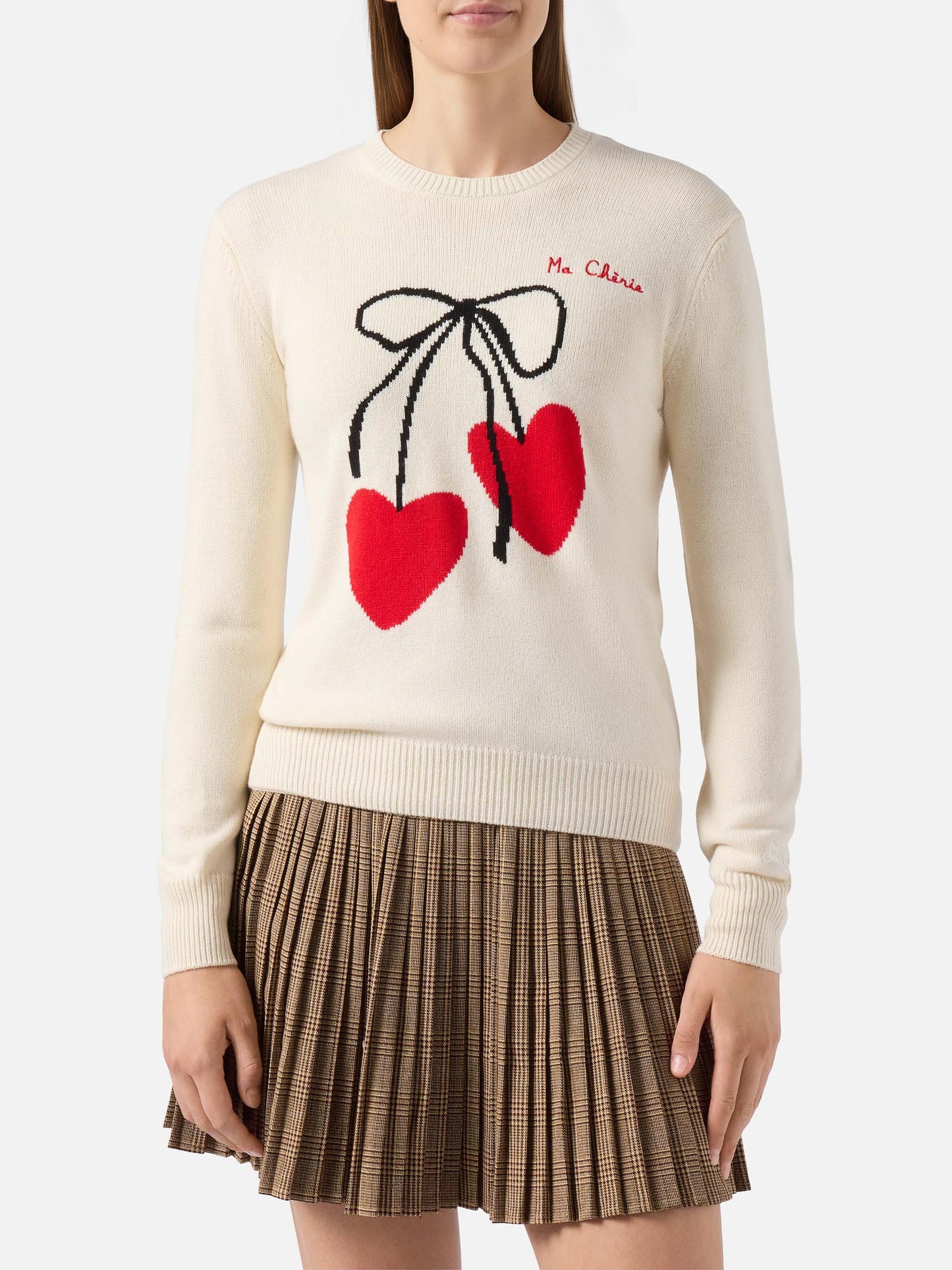 New Queen cashmere-blend sweater in white with Ma cherie embroidery