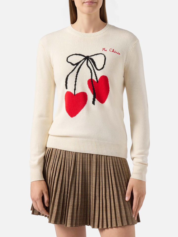 New Queen cashmere-blend sweater in white with Ma cherie embroidery