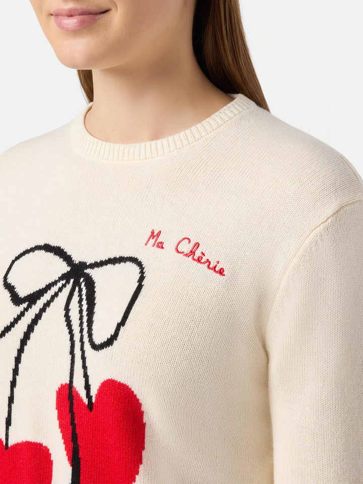 Neuer weißer Queen-Pullover aus Kaschmirmischung mit Ma-cherie-Stickerei