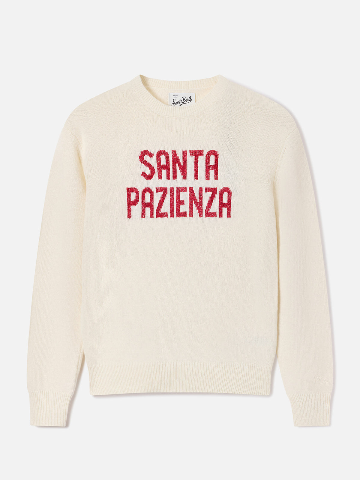 Pull en maille à col rond New Queen écru avec broderie lurex Santa Pazienza 