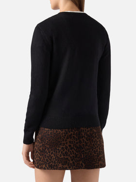 Maglione New Queen in misto cashmere nero con ricamo Bollicine e Pailettes