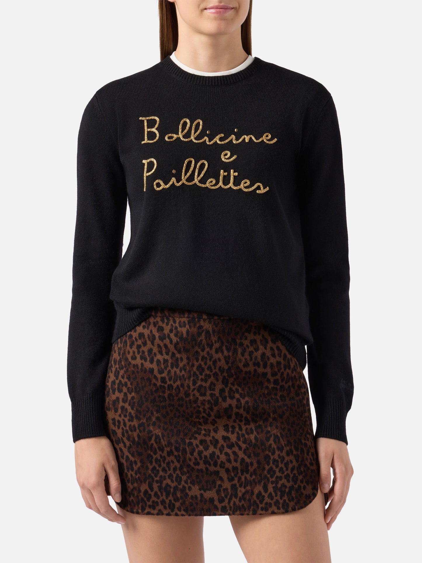 Maglione New Queen in misto cashmere nero con ricamo Bollicine e Pailettes