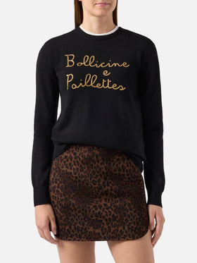Maglione New Queen in misto cashmere nero con ricamo Bollicine e Pailettes