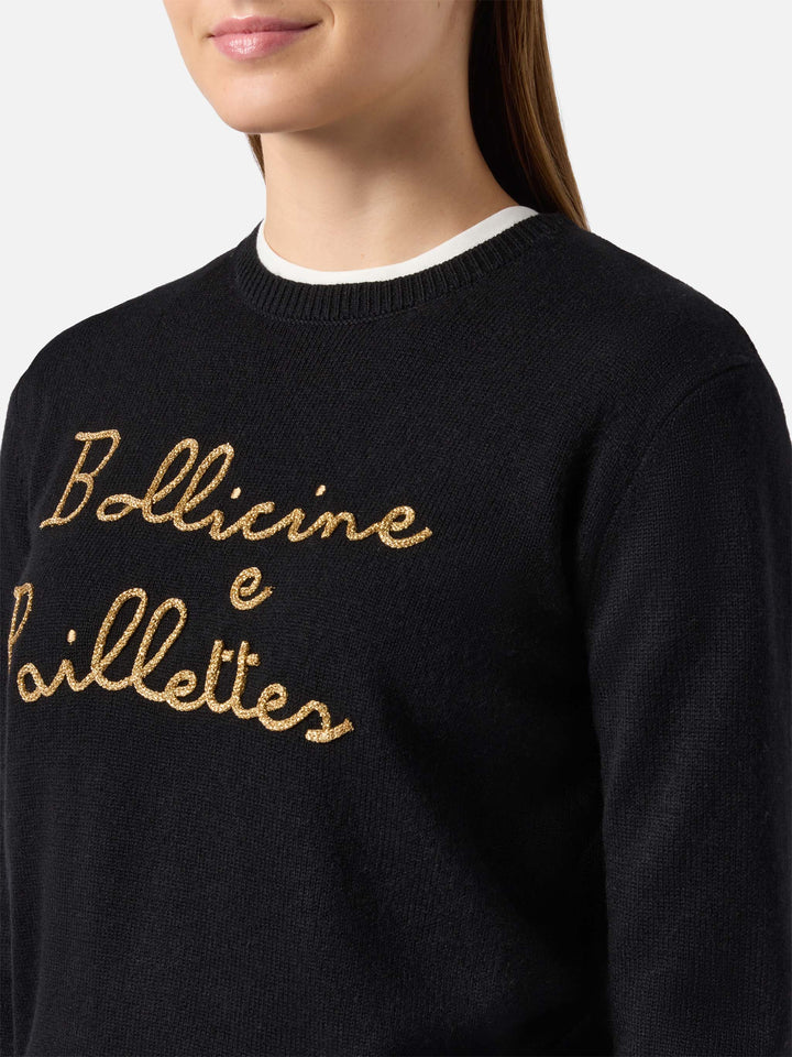 Neuer schwarzer Queen-Pullover aus Kaschmirmischung mit Bollicine e Pailettes-Stickerei