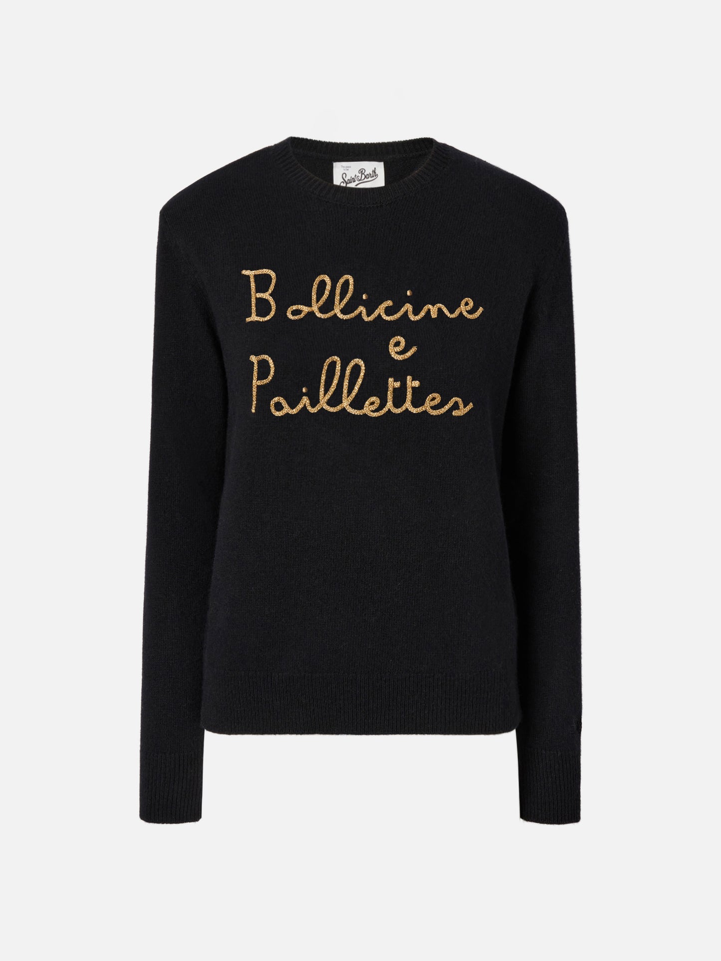 Maglione New Queen in misto cashmere nero con ricamo Bollicine e Pailettes