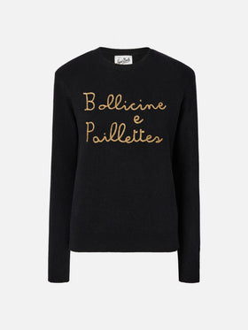 Maglione New Queen in misto cashmere nero con ricamo Bollicine e Pailettes